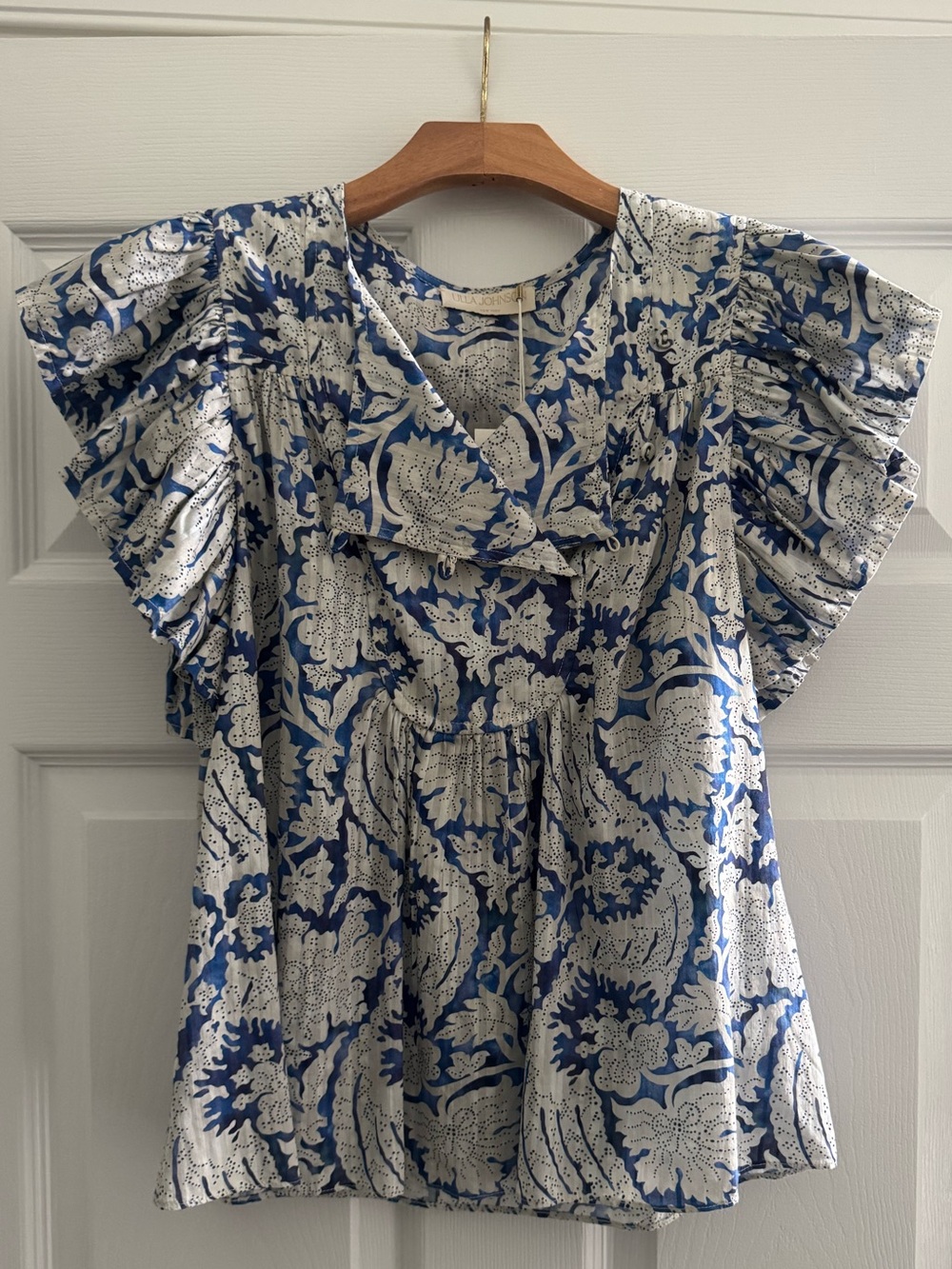 *NWT* Ulla Johnson Blue and White Flutter Sleeve Blouse | Size 2